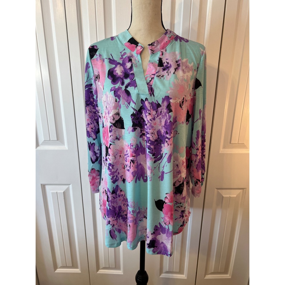 Dear Scarlett Mint Floral Tunic Top XL LIZ-C0259P Purple Pink Split Neck Blouse